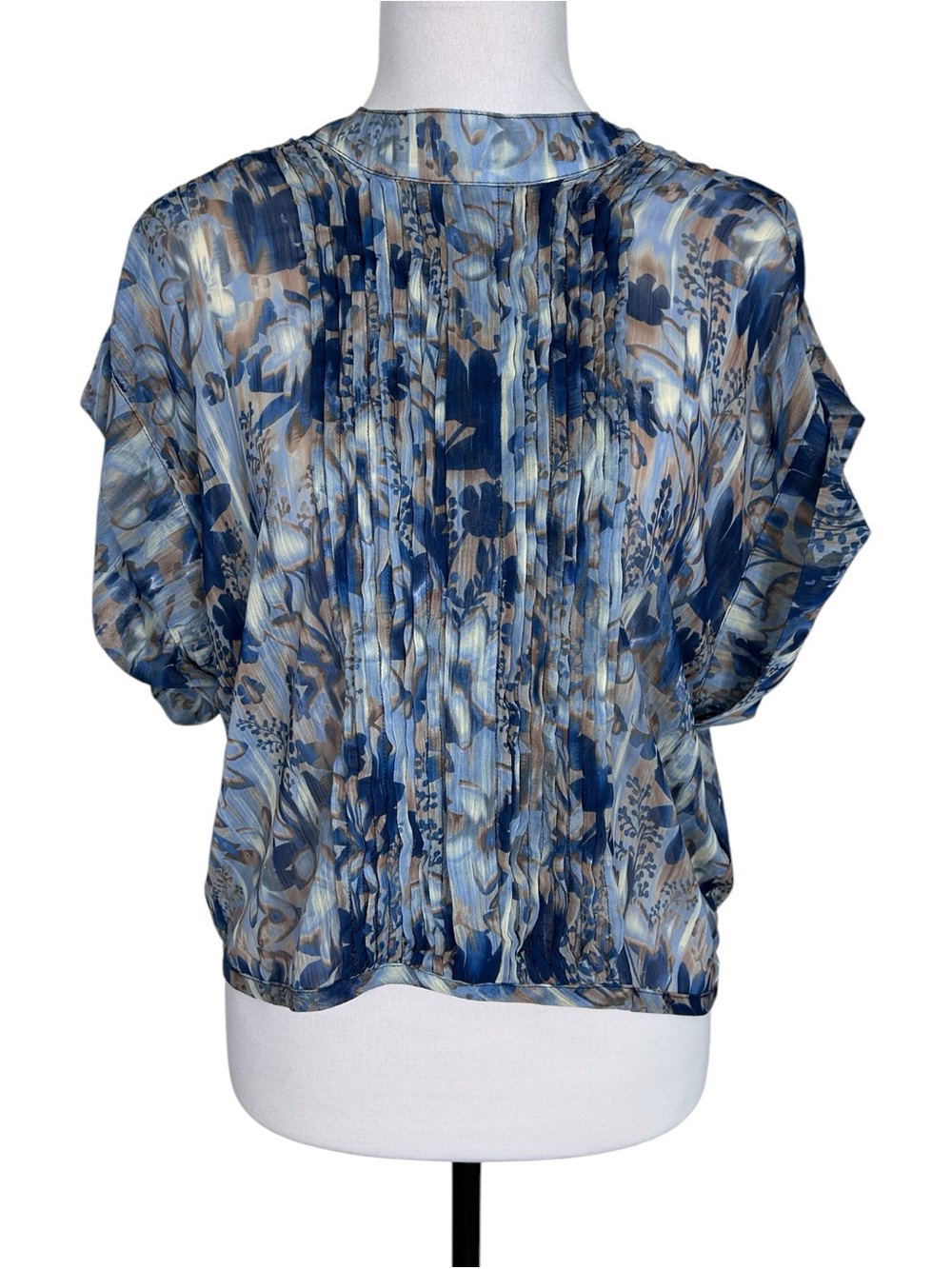 Dear John Floral Pintuck Blouse Women’s L Blue Taupe Yoryu Flutter Sleeve